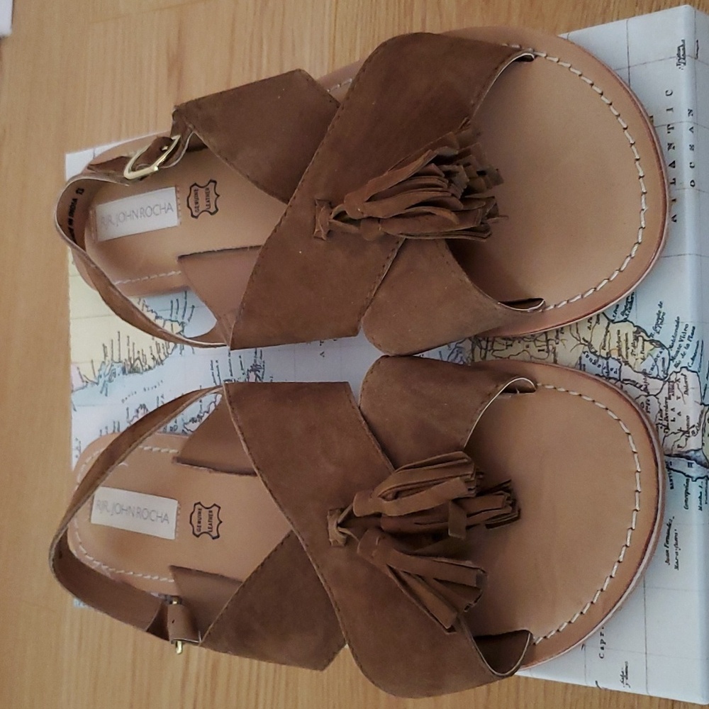 Brown Suede flat sandal with tassels, adjustable buckle, ladies size 9